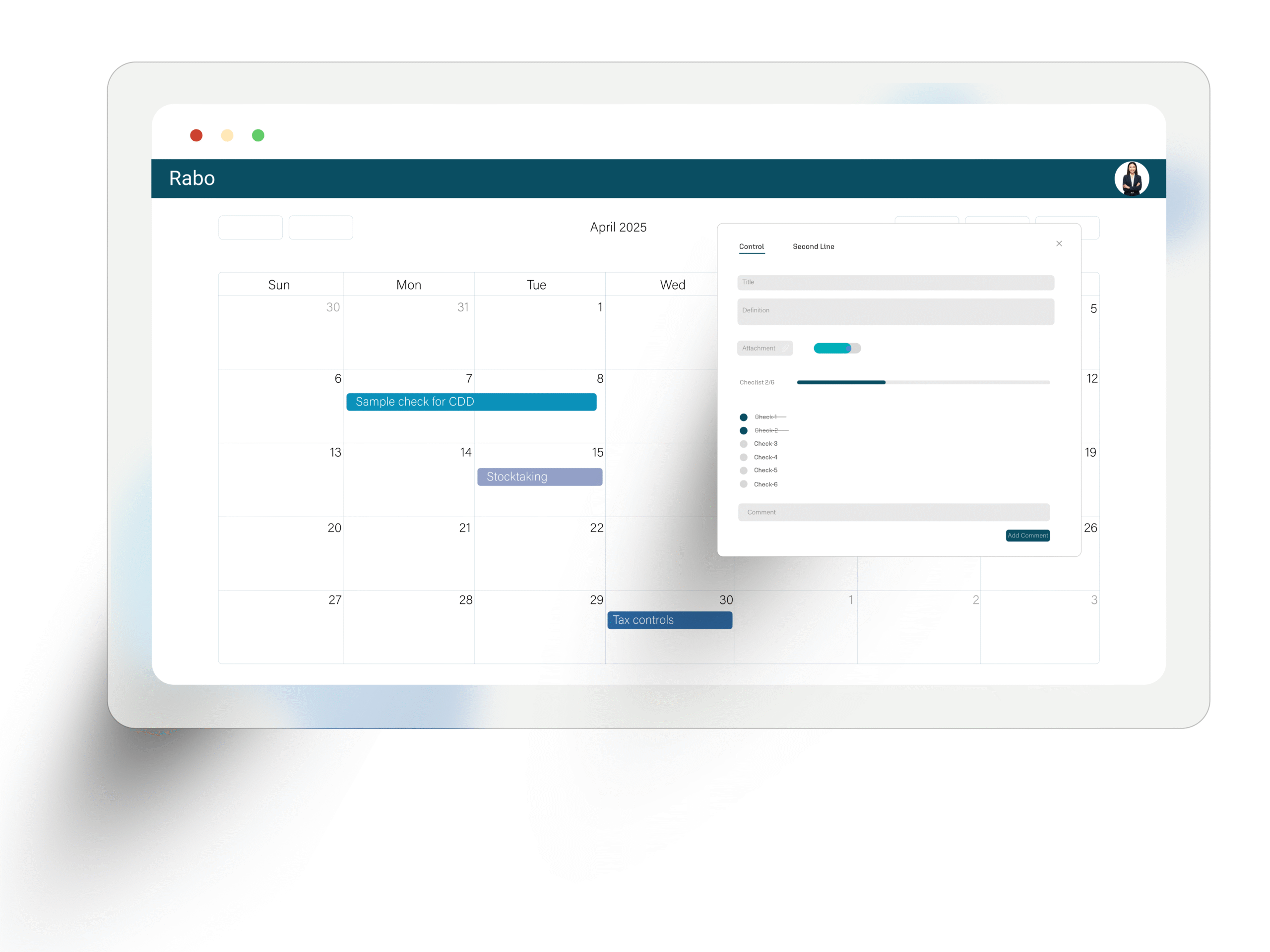 Internal control planning calendar with periodic control tasks visualized as timeline bars.